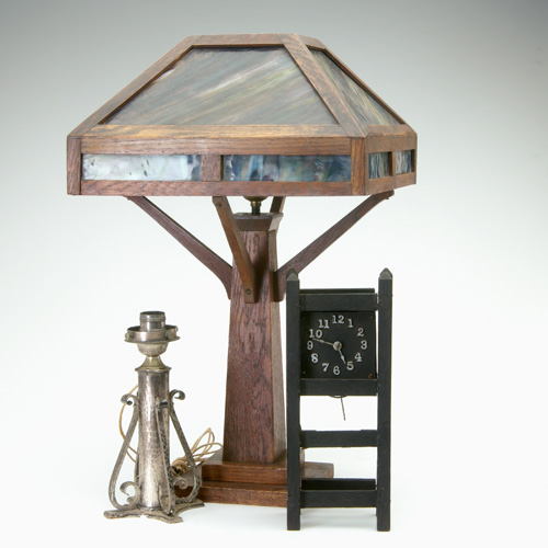 Appraisal: ARTS CRAFTS Three items a wood and slag-glass desk lamp