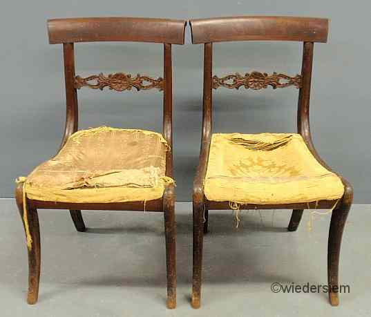 Appraisal: Pair of Philadelphia mahogany saber leg side chairs c with