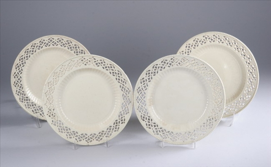 Appraisal: FOUR ENGLISH CREAMWARE PLATES circa - Reticulated borders and beaded