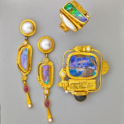 Appraisal: ROSS COPPELMAN GOLD OPAL SCULPTURAL SUITE Brooch pendant ring and