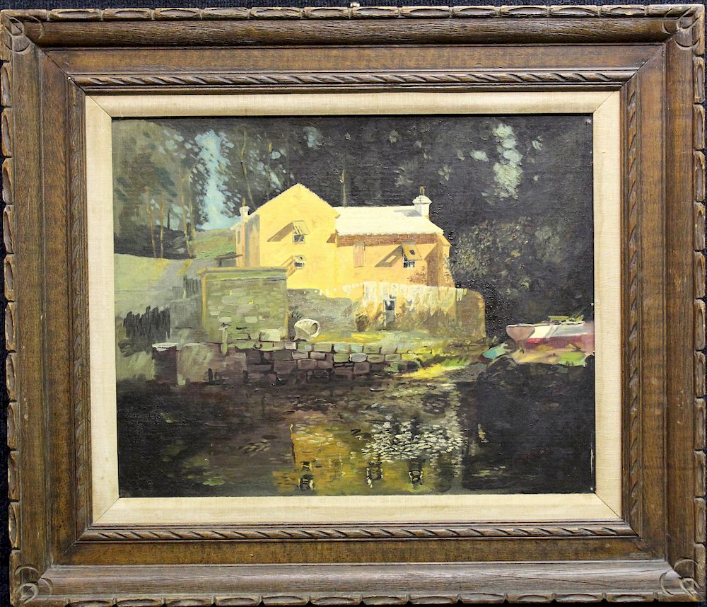 Appraisal: th C Painting of a House Near a River Signed