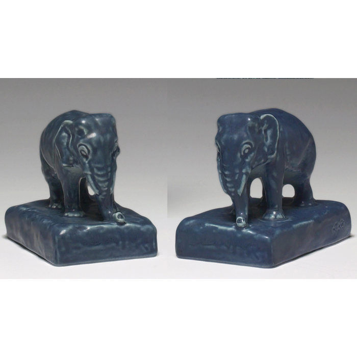 Appraisal: Rookwood bookends pair elephant covered in a blue matt glaze