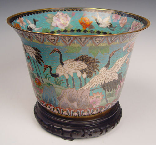 Appraisal: CHINESE CLOISONNE JARDINIERE Crane design on large flare rimmed jardiniere