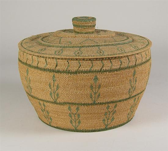 Appraisal: Covered Mexican Basket Finely woven grass fiber with green floral