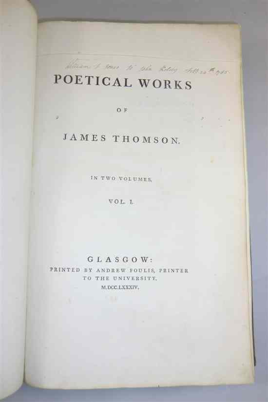 Appraisal: THOMSON J THE POETICAL WORKS two vols vol I missing