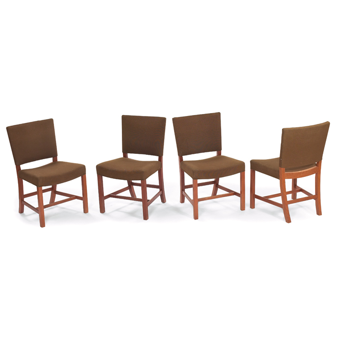 Appraisal: Rud Rasmussen chairs four teak curved back legs original green