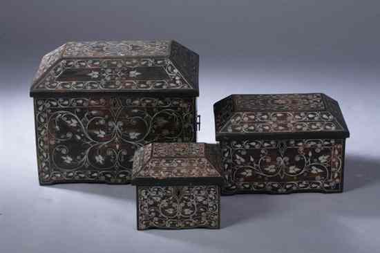 Appraisal: THREE NESTED MOROCCAN MOTHER-OF-PEARL INLAID WOOD BOXES - in x