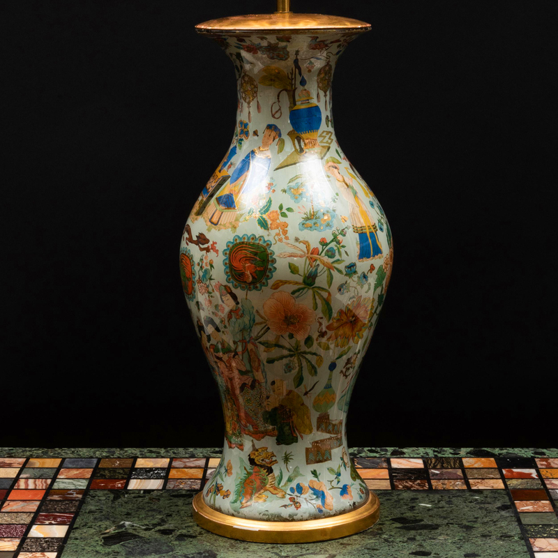 Appraisal: Large English Chinoiserie Decorated Decoupage Lamp in overall Condition Scattered