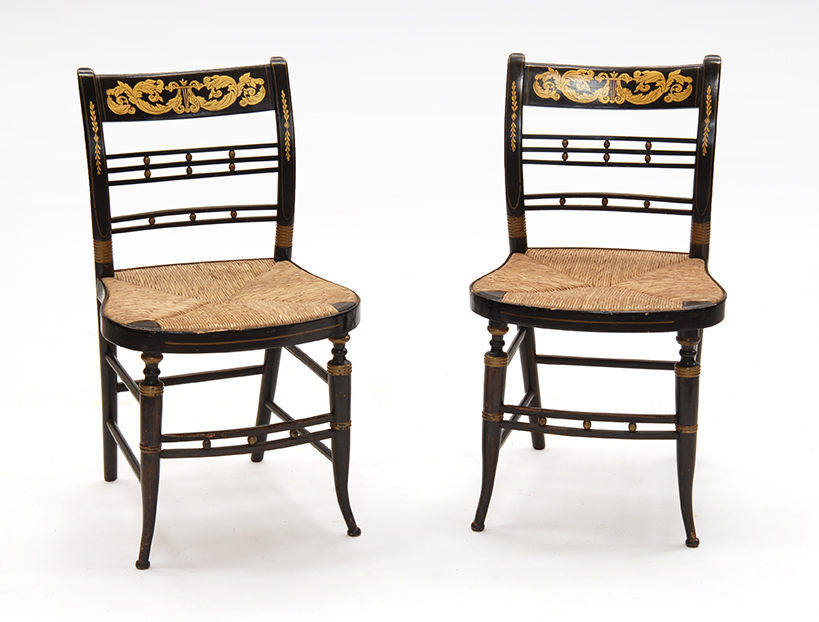 Appraisal: PAIR OF ANTIQUE AMERICAN FANCY SHERATON SIDE CHAIRS Nicely redecorated