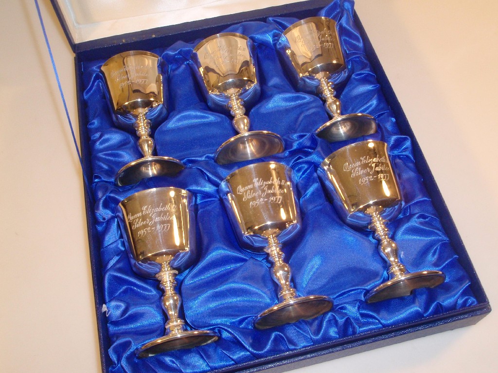 Appraisal: A set of six silver wine goblets commemorating Queen Elizabeth