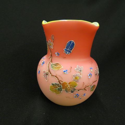 Appraisal: Webb Victorian Cranberry Satin Art Glass Vase enemeled bug floral