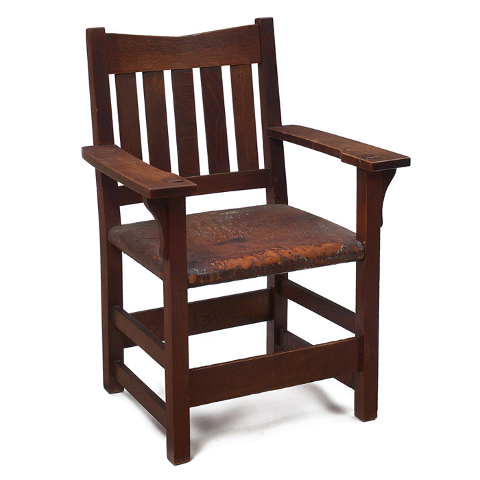 Appraisal: Gustav Stickley armchair A V back form with five vertical