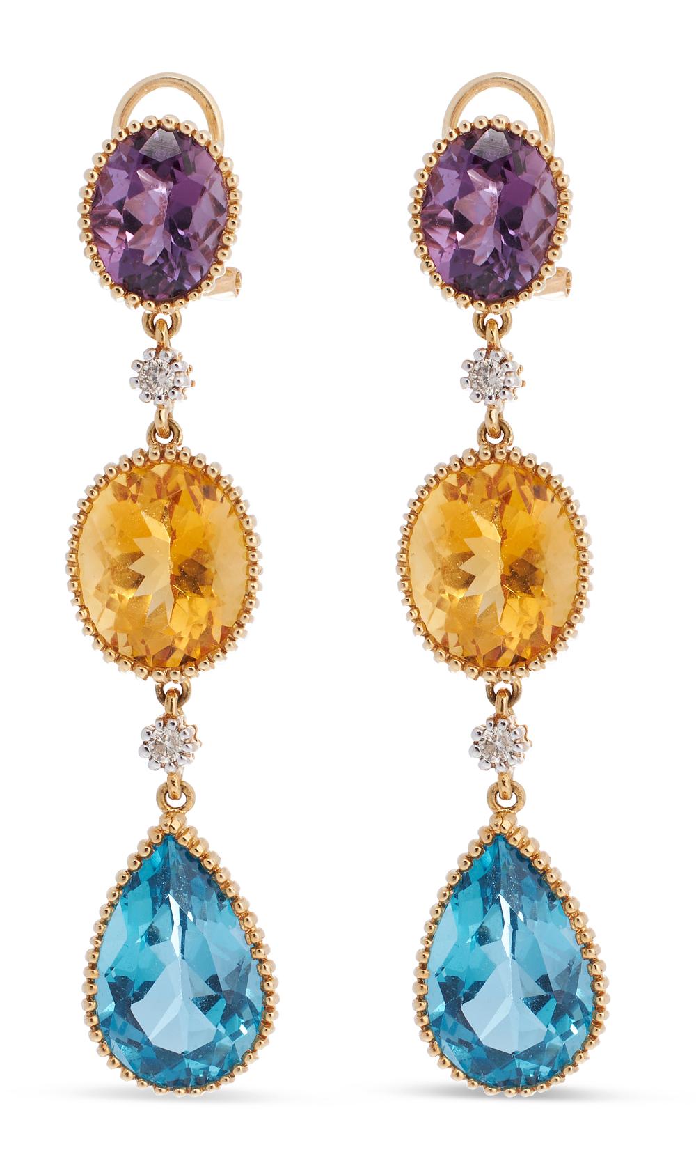 Appraisal: DIAMOND AMETHYST CITRINE QUARTZ BLUE TOPAZ AND KT GOLD EARRINGS