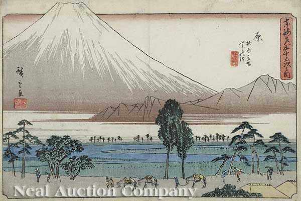 Appraisal: Hiroshige Japanese - two hand-colored woodblock prints including Hara from