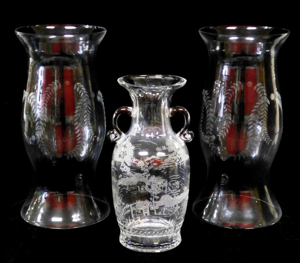 Appraisal: GLASS Three pieces large clear glass urn with cut and