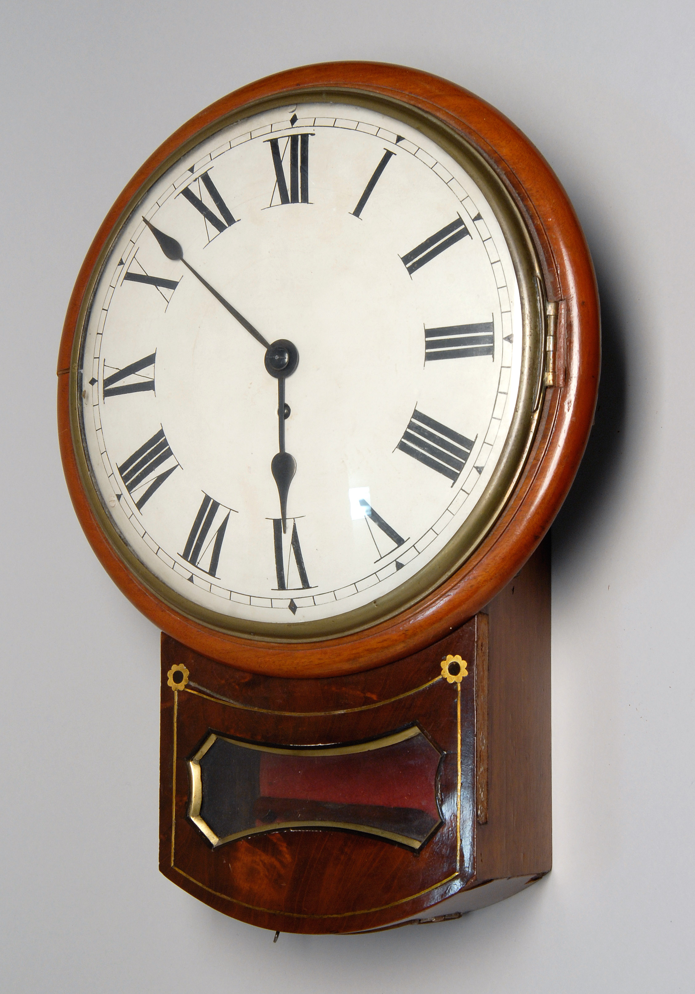 Appraisal: MAHOGANY WALL CLOCK th CenturyRoman numeral dial Case with glazed