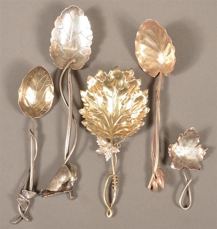 Appraisal: Five Various Sterling Silver Leaf Bowl Spoons Lot of Five