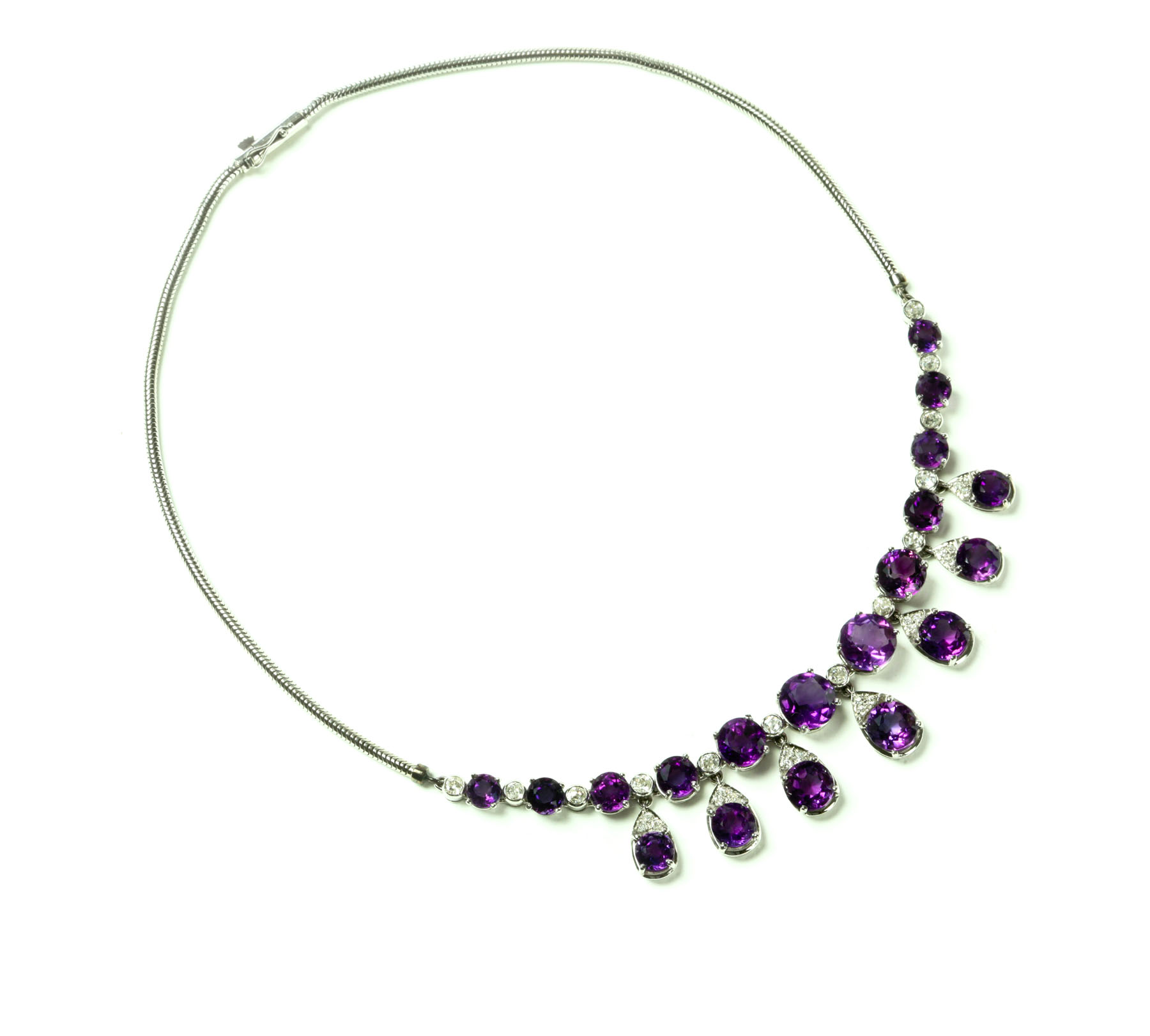 Appraisal: BIRKS PLATINUM DIAMOND AND AMETHYST NECKLACE Twentieth century Graduated amethyst