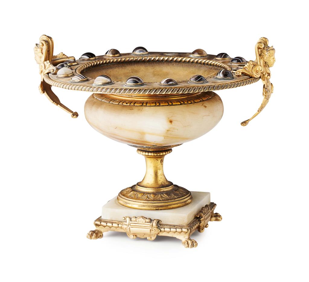 Appraisal: CONTINENTAL GILT METAL ONYX AND HARDSTONE MOUNTED TAZZA TH CENTURY