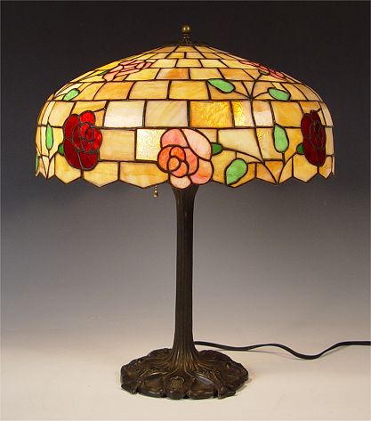 Appraisal: CHICAGO MOSAIC SLAG GLASS LAMP Attrib unsigned Rose motif slag