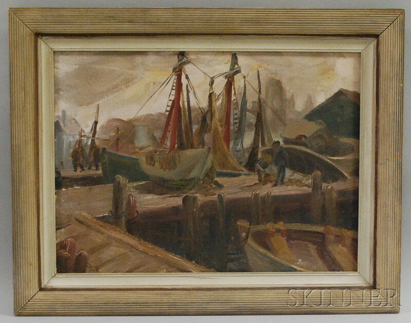 Appraisal: American School th Century Fishing Boats at a Wharf Signed