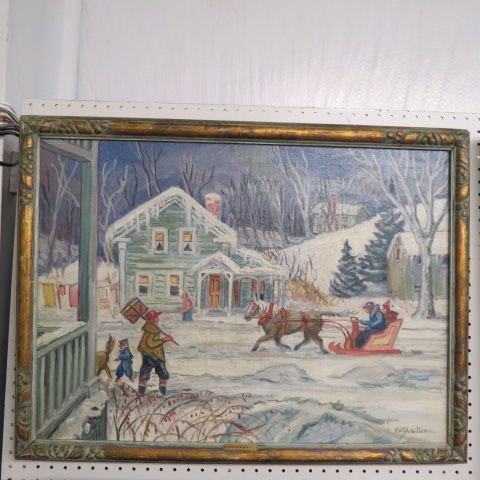 Appraisal: Frederick Detwiller Oil winter scene with villagers sleigh well listed