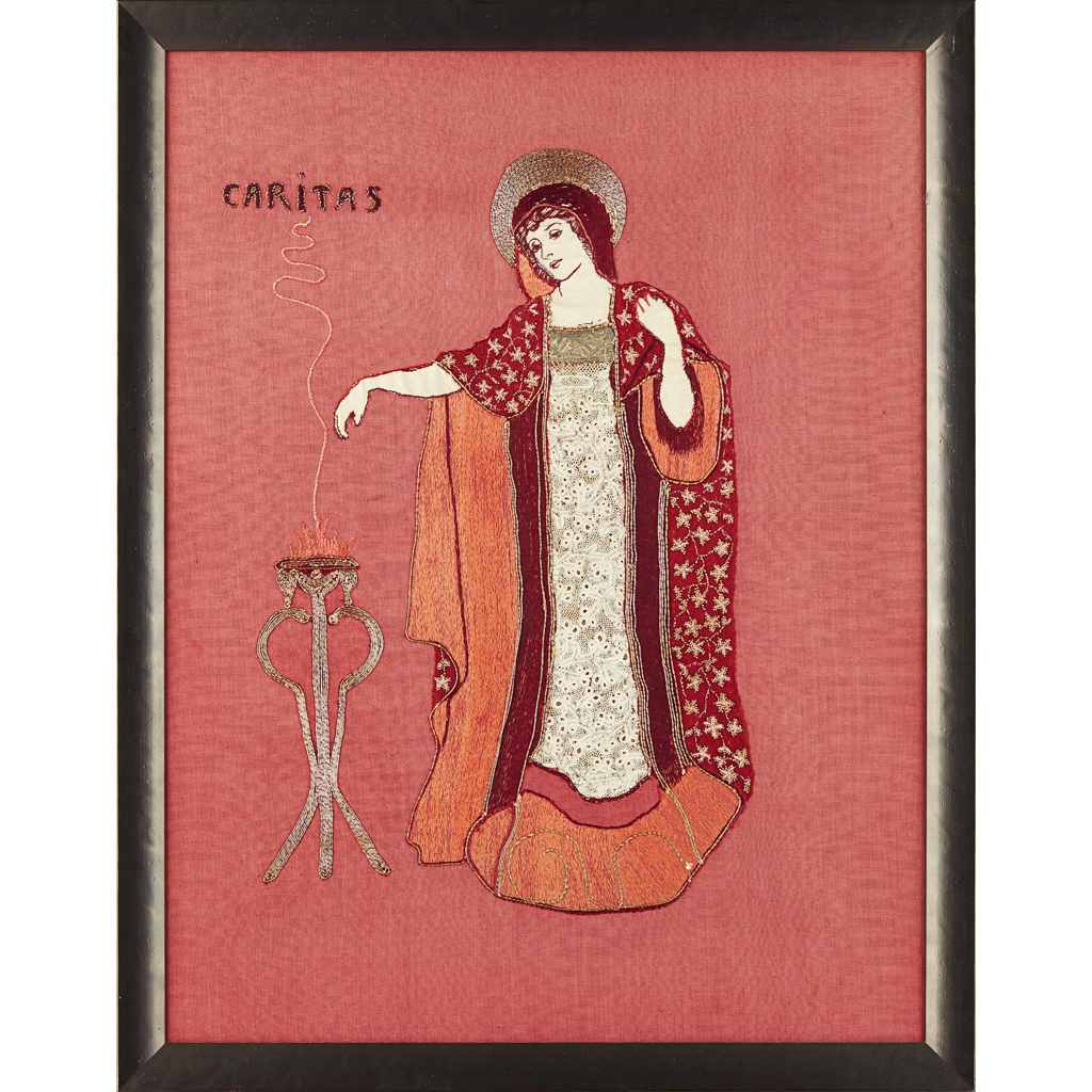 Appraisal: ATTRIBUTED TO WALTER CRANE - 'CARITAS' EMBROIDERED APPLIQU PANEL CIRCA