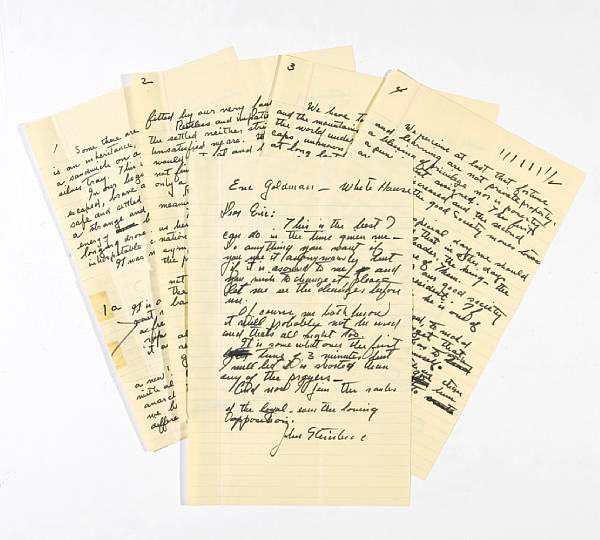 Appraisal: STEINBECK JOHN STEINBECK'S HANDWRITTEN DRAFT OF LBJ'S INAUGURAL SPEECH UNPUBLISHED