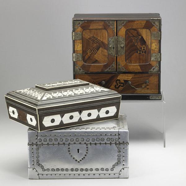 Appraisal: DECORATIVE BOXES Three pieces include inlaid Asian jewelry box metal