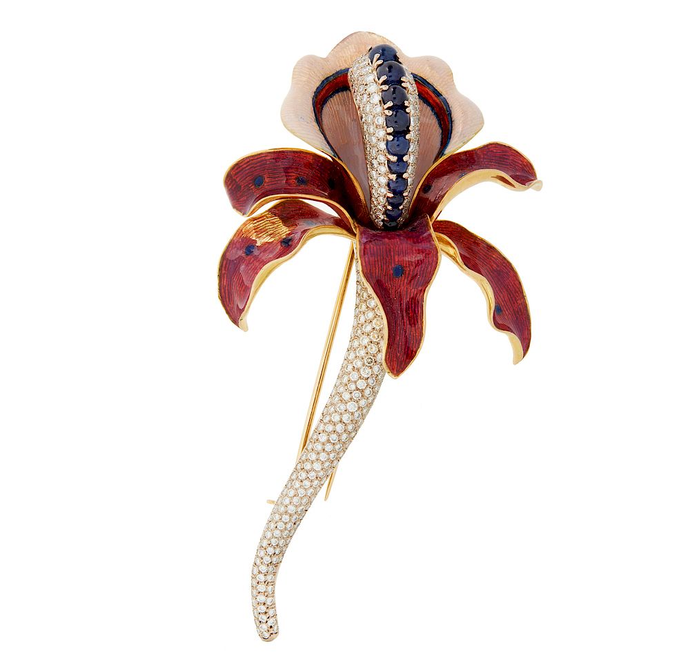 Appraisal: Diamond and Sapphire k Orchid Brooch k orchid designed diamond