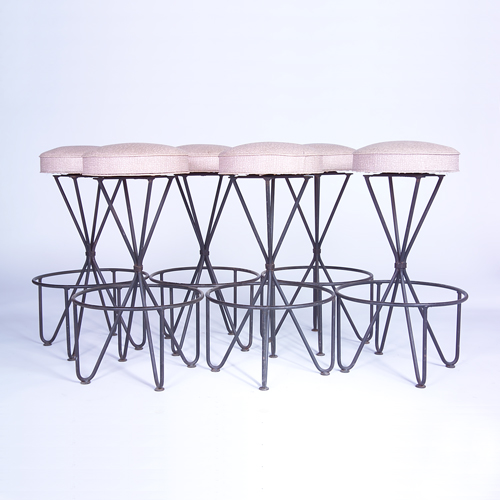 Appraisal: STYLE OF FREDERICK WEINBERG Six barstools with pink and green