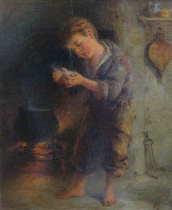 Appraisal: Irish School oil on board Boy beside a hearth entitled