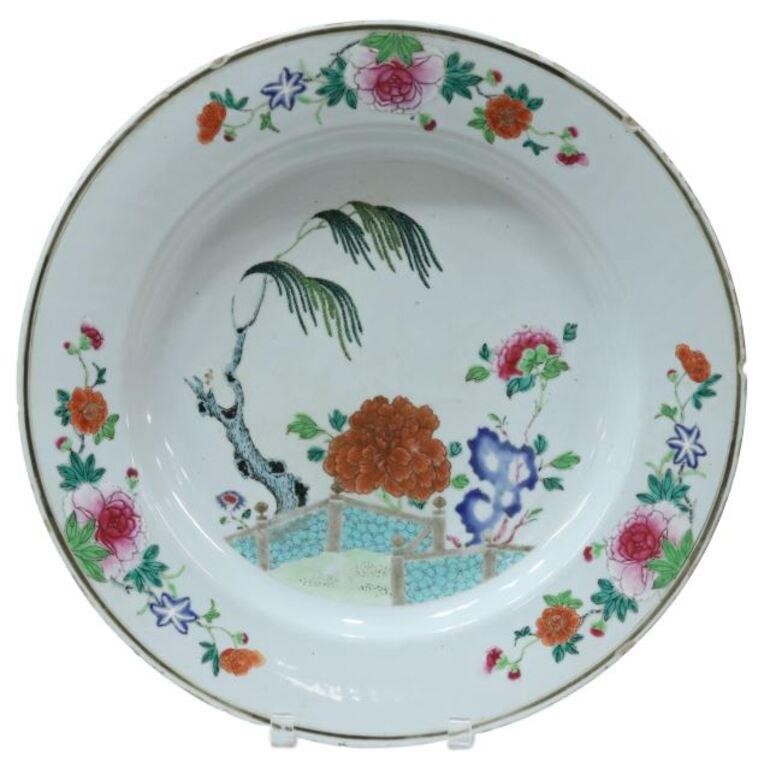 Appraisal: Large Chinese famille rose porcelain charger enameled garden wall with