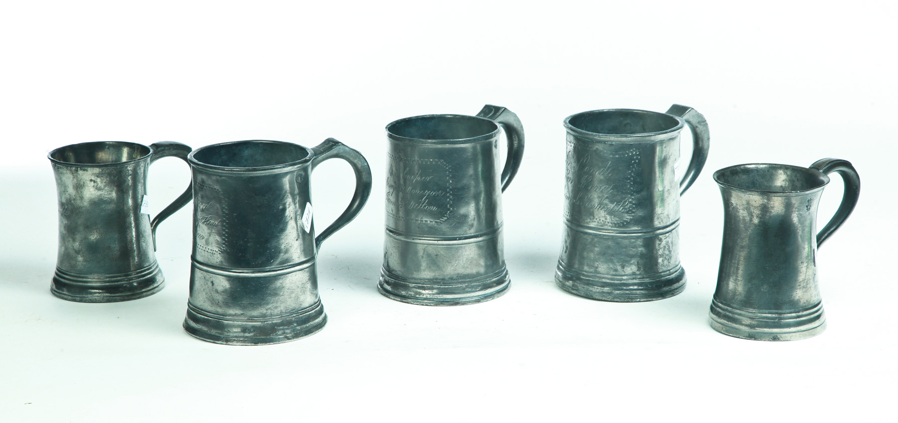 Appraisal: FIVE ENGLISH PEWTER TANKARD MEASURES Nineteenth century Two by Yates