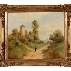 Appraisal: French School th Century Bucolic Landscape with Figure oil on