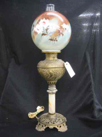 Appraisal: Victorian Banquet Lamp handpaintedfloral shade on bronzed onyx base ''