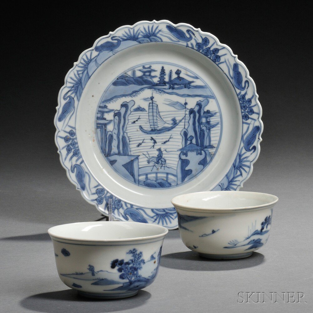 Appraisal: Three Blue and White Tableware Items China late Ming Dynasty