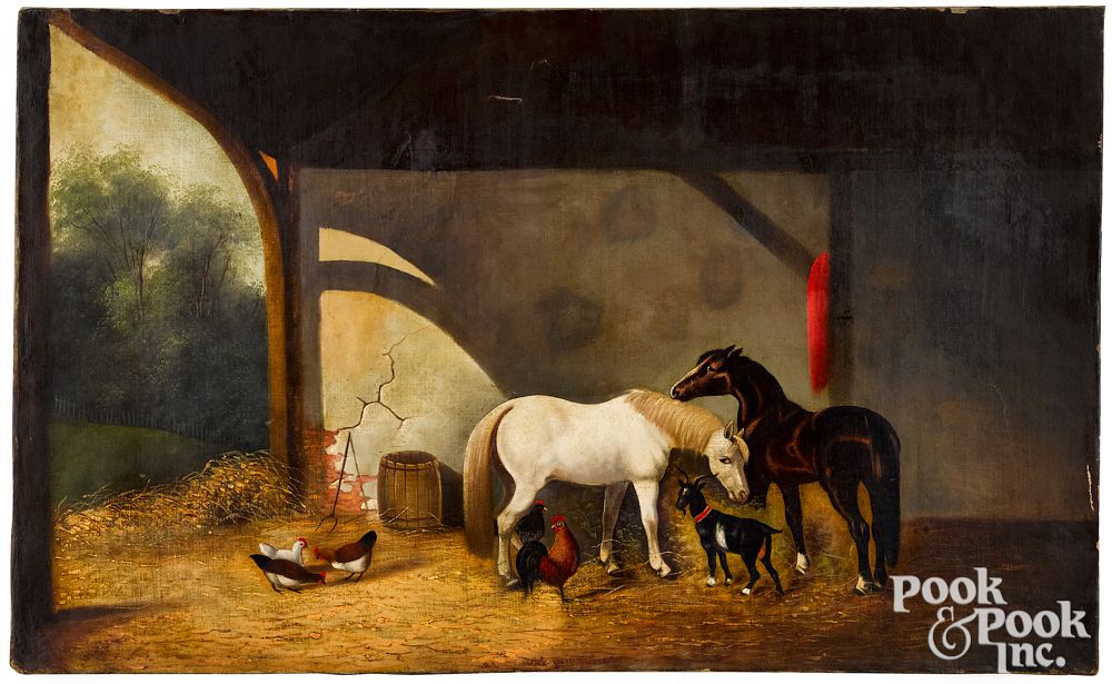 Appraisal: Oil on canvas stable scene th c Oil on canvas