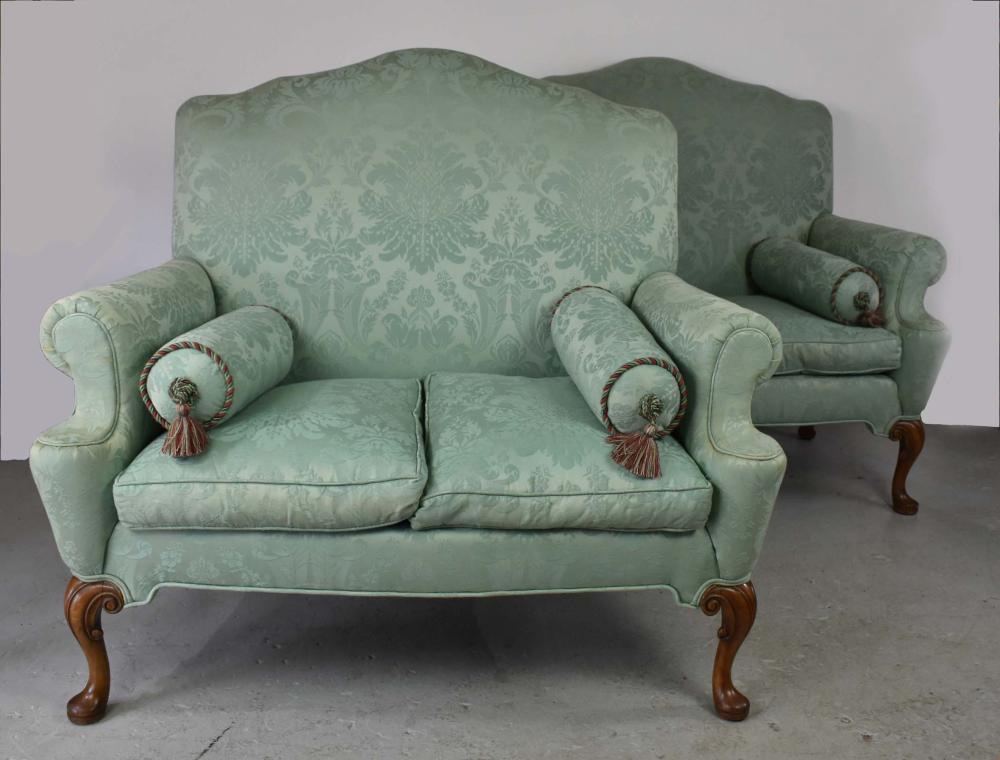 Appraisal: PAIR OF QUEEN ANN UPHOLSTERED WALNUT SETTEESEarly to Mid- th