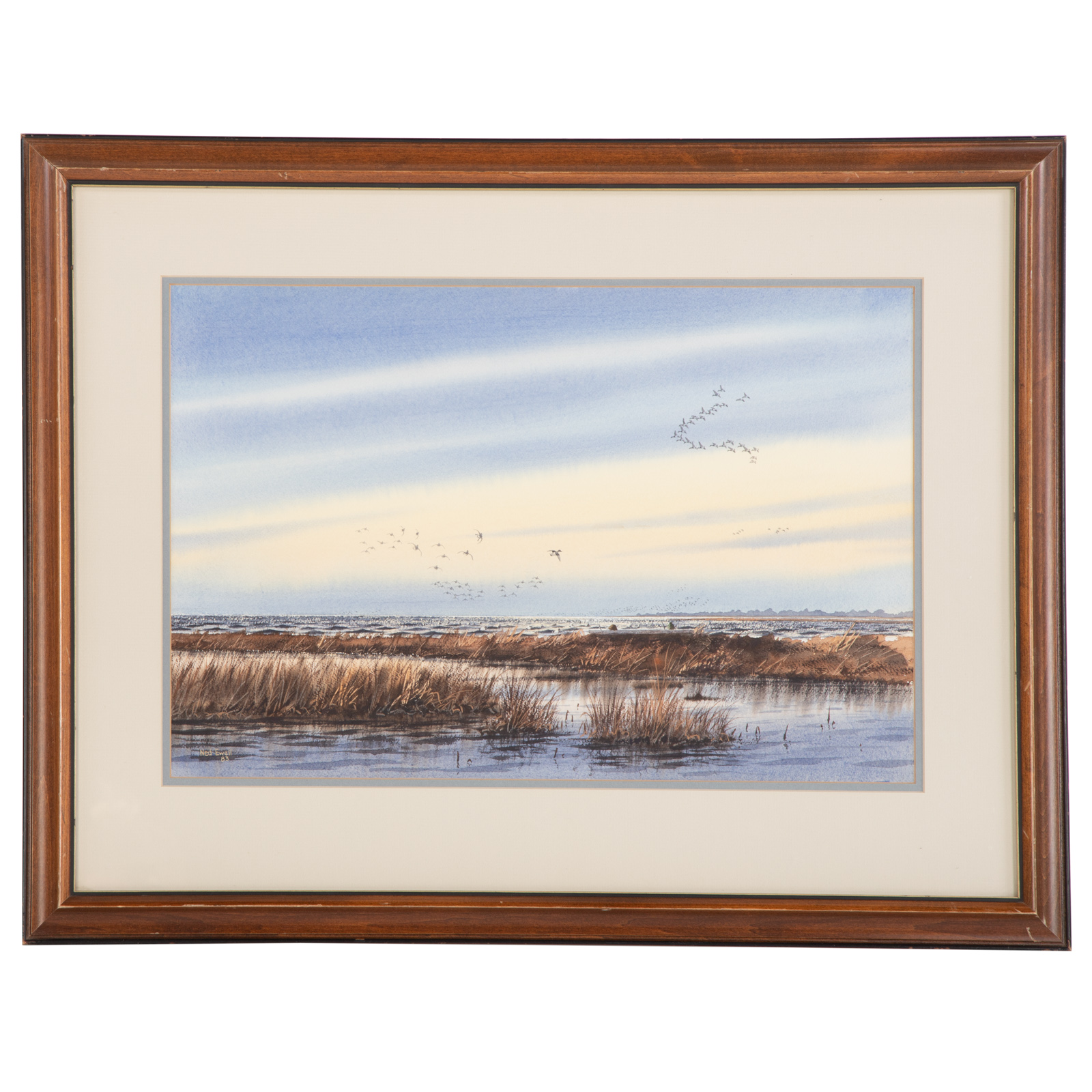 Appraisal: NED EWELL DUCKS FLYING OVER MARSH WATERCOLOR American late th