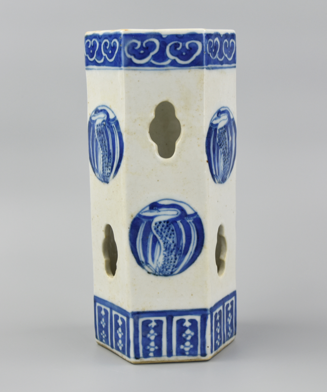 Appraisal: CHINESE BLUE WHITE HEXAGONAL HAT VASE W CRANES A th