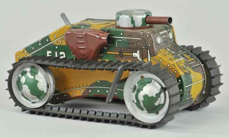 Appraisal: E TANK Unknown manufacturer camouflaged lithographed tin wind-up working rubber