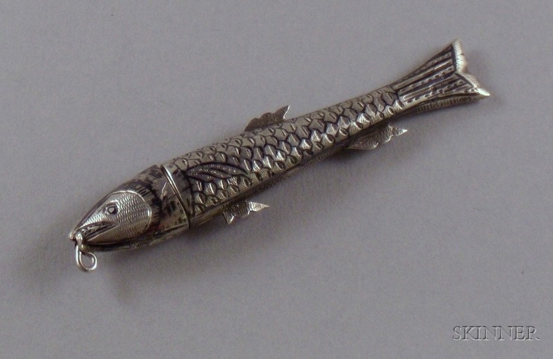 Appraisal: Etched and Enamel Decorated Silver Fish-form Pendant probably Ottoman empire