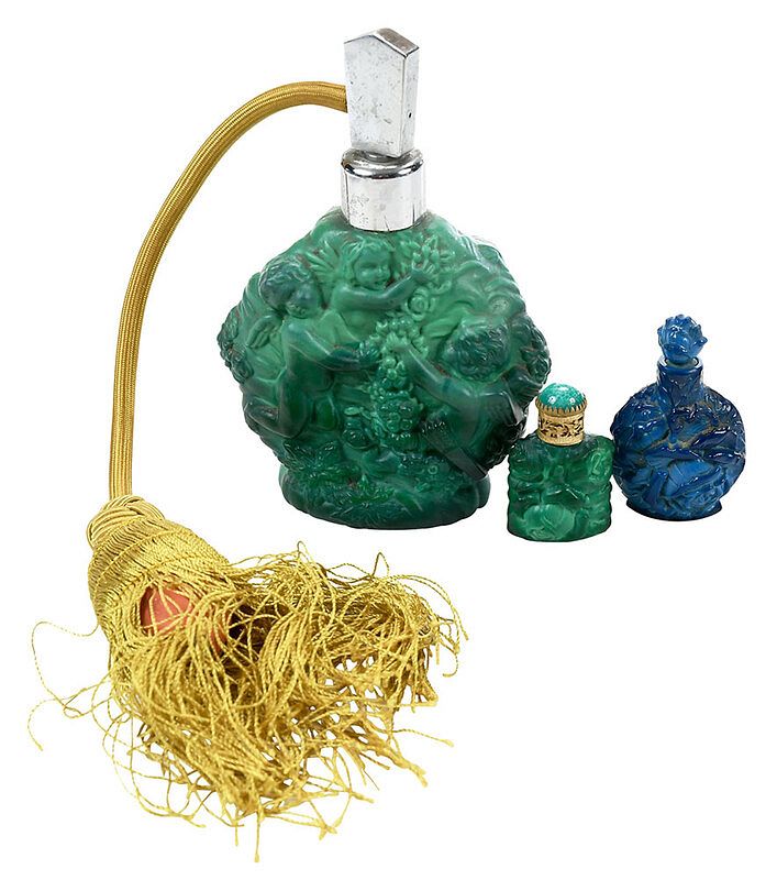 Appraisal: Three Malachite and Lapis Glass Perfume Bottles probably Czechoslovakian th