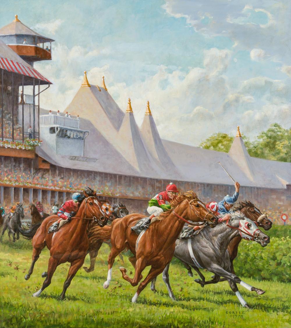 Appraisal: JENNESS CORTEZ American b Saratoga Horse Race oil on canvas