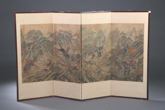 Appraisal: ANONYMOUS Korean Chosen Dynasty HUNTING SCENE Four panel folding screen