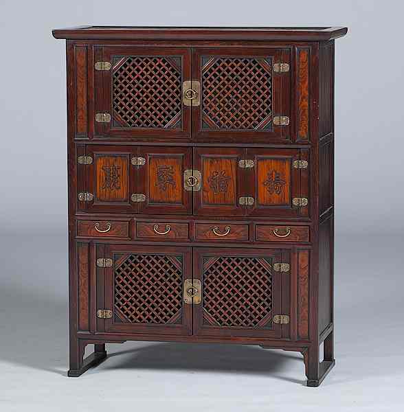 Appraisal: Chinese Lacquered Chest th century characters on central openings lg