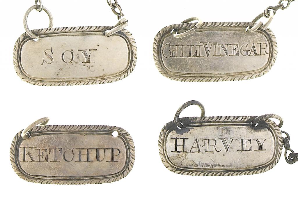 Appraisal: A SET OF FOUR GEORGE III CONDIMENT LABELS CHILLI-VINEGAR HARVEY