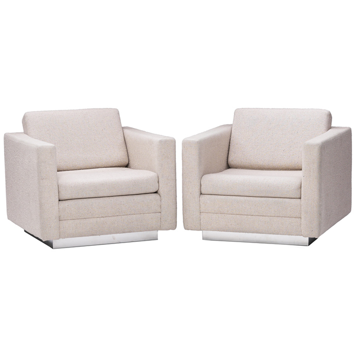 Appraisal: Brayton International club chairs pair original off-white wool upholstery chrome-plated