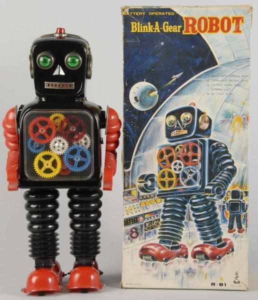 Appraisal: Tin Litho Blink-A-Gear Battery-Operated Robot Description Japanese Working Made by